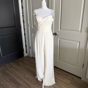 Amanda Uprichard Ivory White Formal Wide Leg Jumpsuit with Tuxedo Stripe Size L